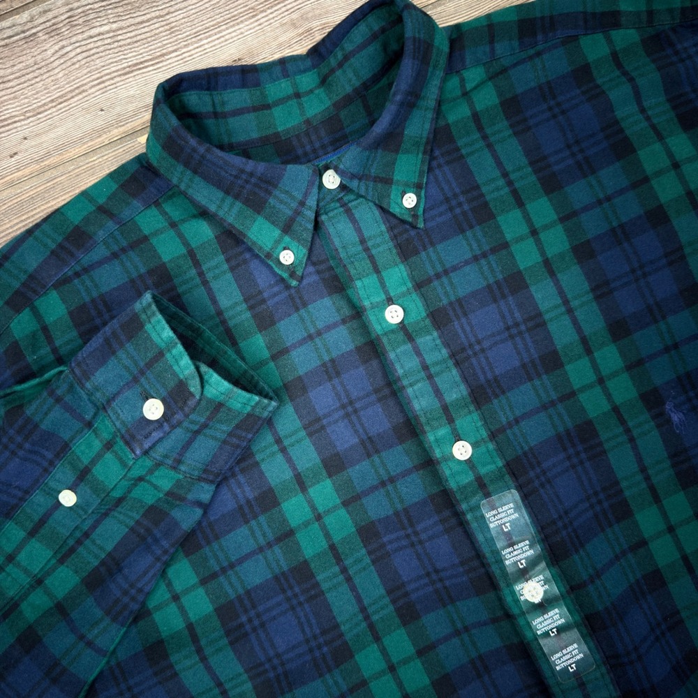 Polo Ralph Lauren Mens LT Button Down Shirt Green Navy Plaid Classic Fit New
